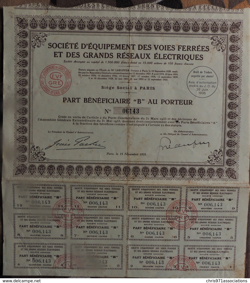 Action De 100 Francs Au Porteur Sté D'Equipement Des Voies Ferrées Et Des Grands Réseaux Electriques 1930 - S - V