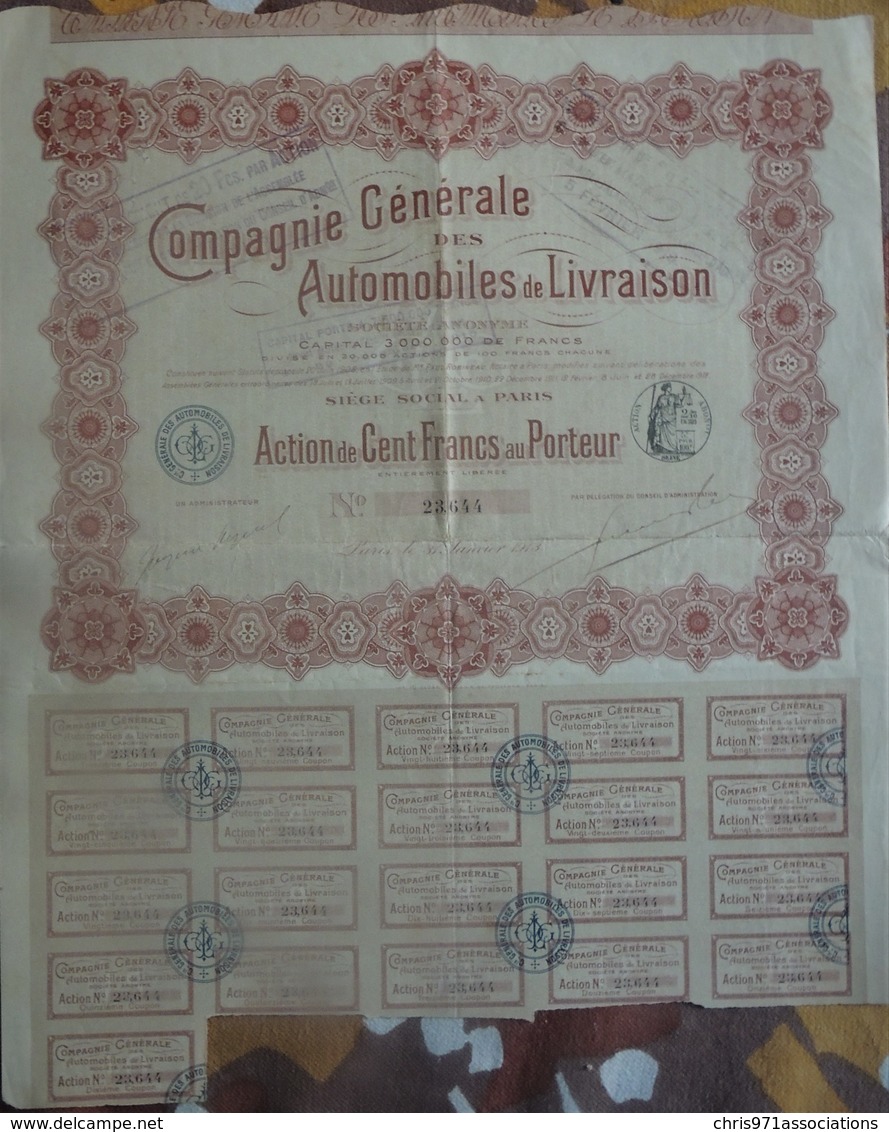 Belle Action De 100 Francs Au Porteur Compagnie Générale Des Automobiles De Livraison 1914 - A - C