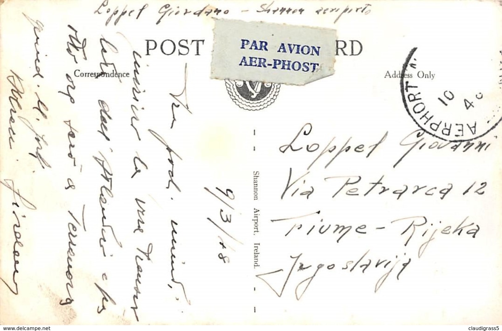0376 "SHANNON AIRPORT - RINEANNA IRELAND" ANIMATA, AUTO ED ARERI AD ELICA ANNI '40. CART. ORIG. SPED. 1948 - Clare