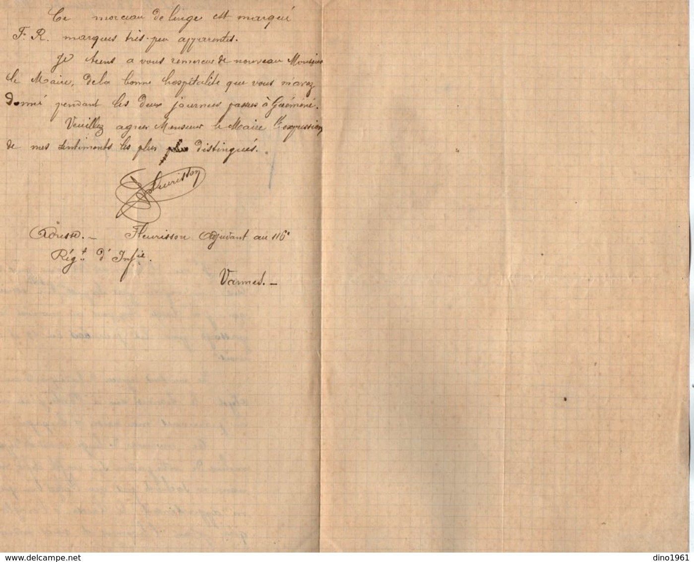 VP14.689 - MILITARA - VANNES 1900 - Lettre De Mr Le FLEURISSON Adjudant Au 116 è Rgt D'Inf à Mr Le Maire De GUEMENE - Documenten