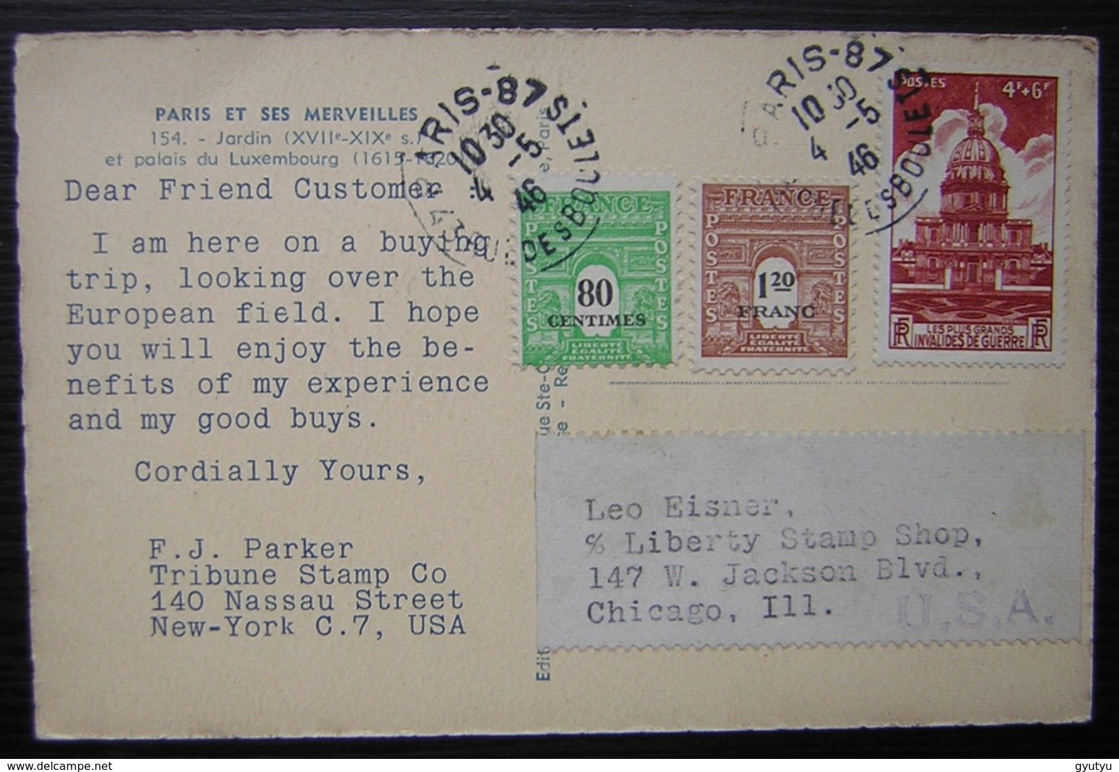 1946 Jolie Oblitération Sur Lettre De Parker Tribune Stamp (New York) à Liberty Stamp Shop Chicago (USA) Cachet De Paris - 1921-1960: Période Moderne