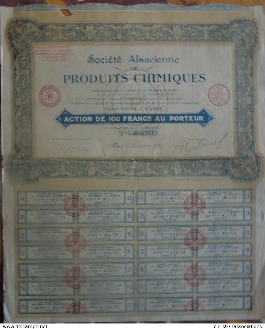 Action De 100 Francs Au Porteur Société Alsacienne De Produits Chimiques 1928 - S - V