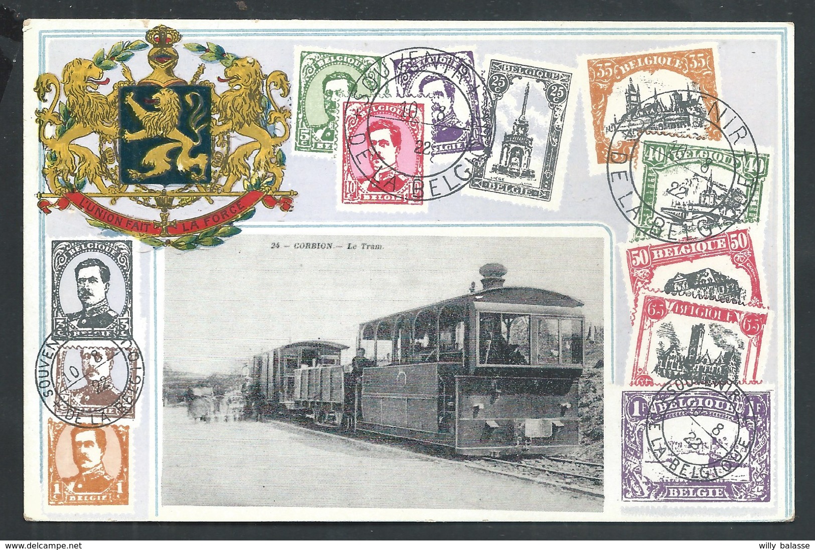 +++ CPA - CORBION - Le Tram - Carte Fantaisie - Timbres   // - Bouillon