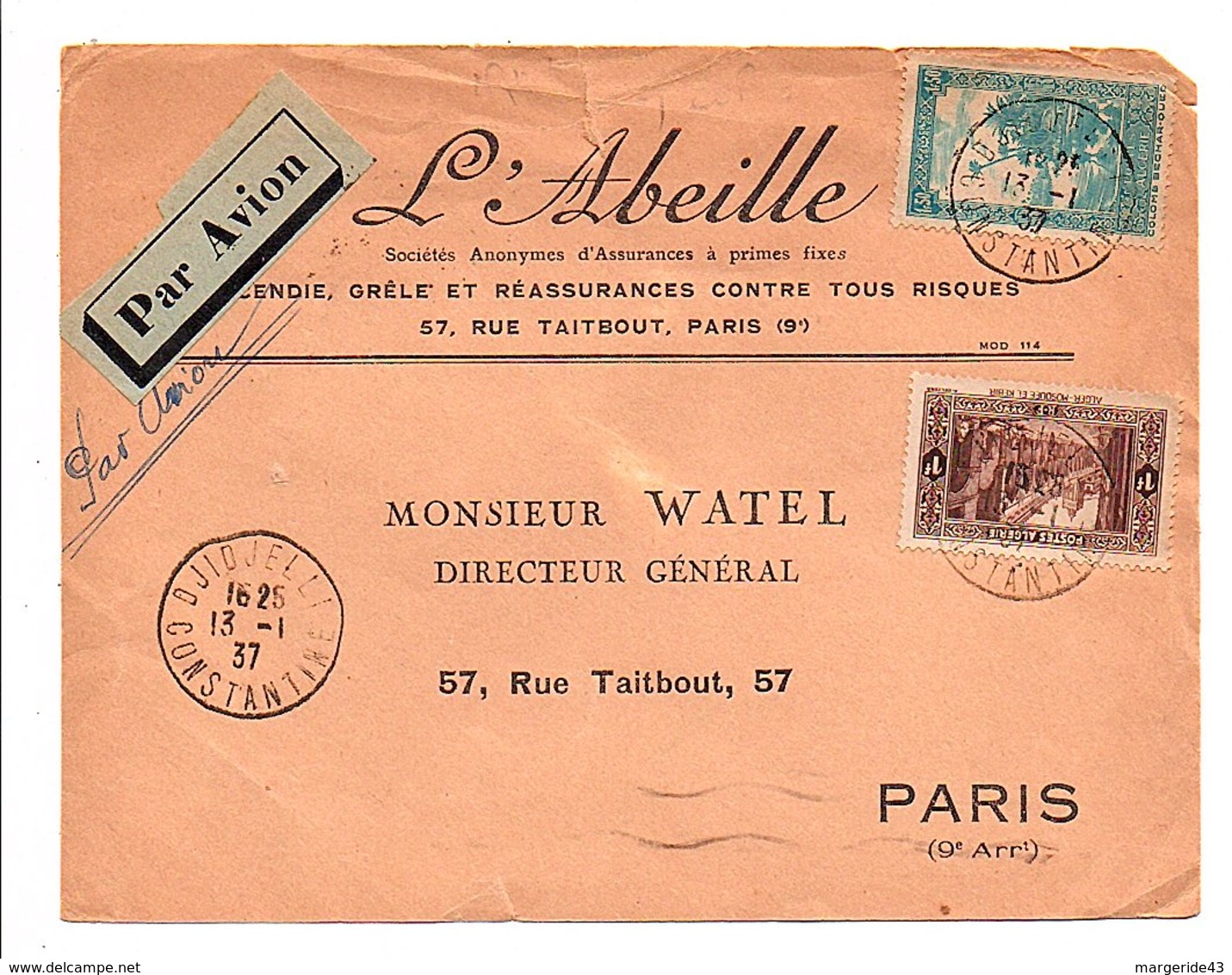 ALGERIE AFFRANCHISSEMENT COMPOSE SUR DEVANT DE LETTRE DE ALGER DJIDJELLI POUR LA FRANCE 1937 - Lettres & Documents