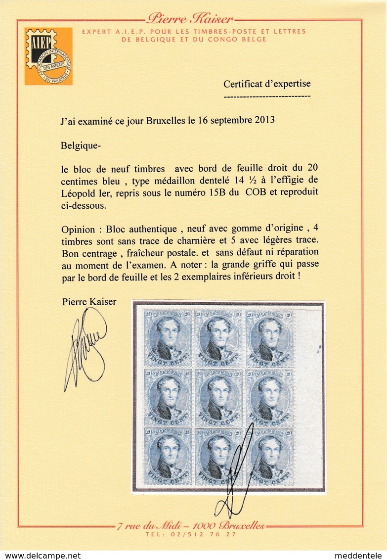 N°15B Bloc De 9 Neuf (4 T Sans Charn) Bord Feuille Avec Variété Griffe Sur 2 Timbres Inf Certif P. Kaiser Joint Prix Net - 1863-1864 Médaillons (13/16)