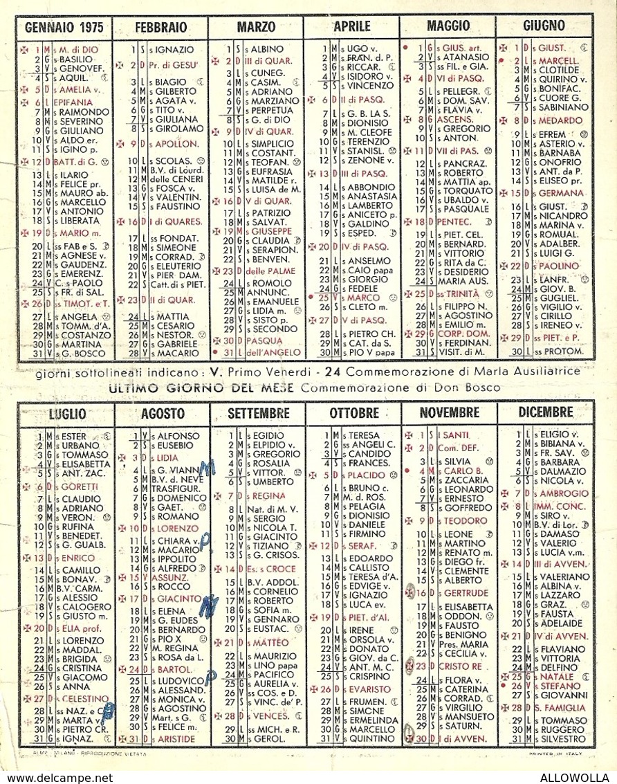 3151 " CALENDARIO 1975 " LA MADONNA COL BAMBIN GESU' - ORIGINALE - Formato Piccolo : 1971-80