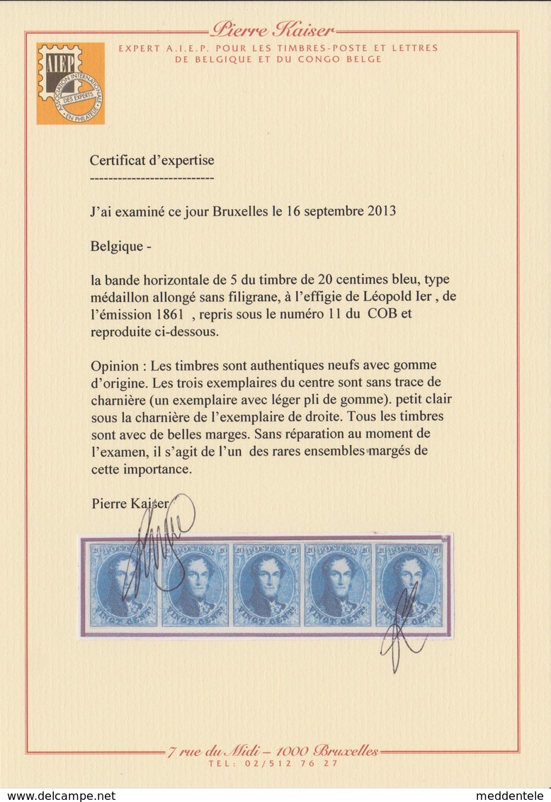 Timbre 20c  BANDE DE 5 Margée 1861 N°11 Neuf Voir Certif P. Kaiser Joint Prix Net - 1858-1862 Medaillen (9/12)