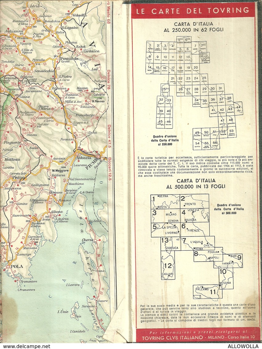 3154 " CARTA AUTOMOBILISTICA TOURING CLOUB - ITALIA CENTRO NORD "  ORIGINALE 1952 - Carte Stradali