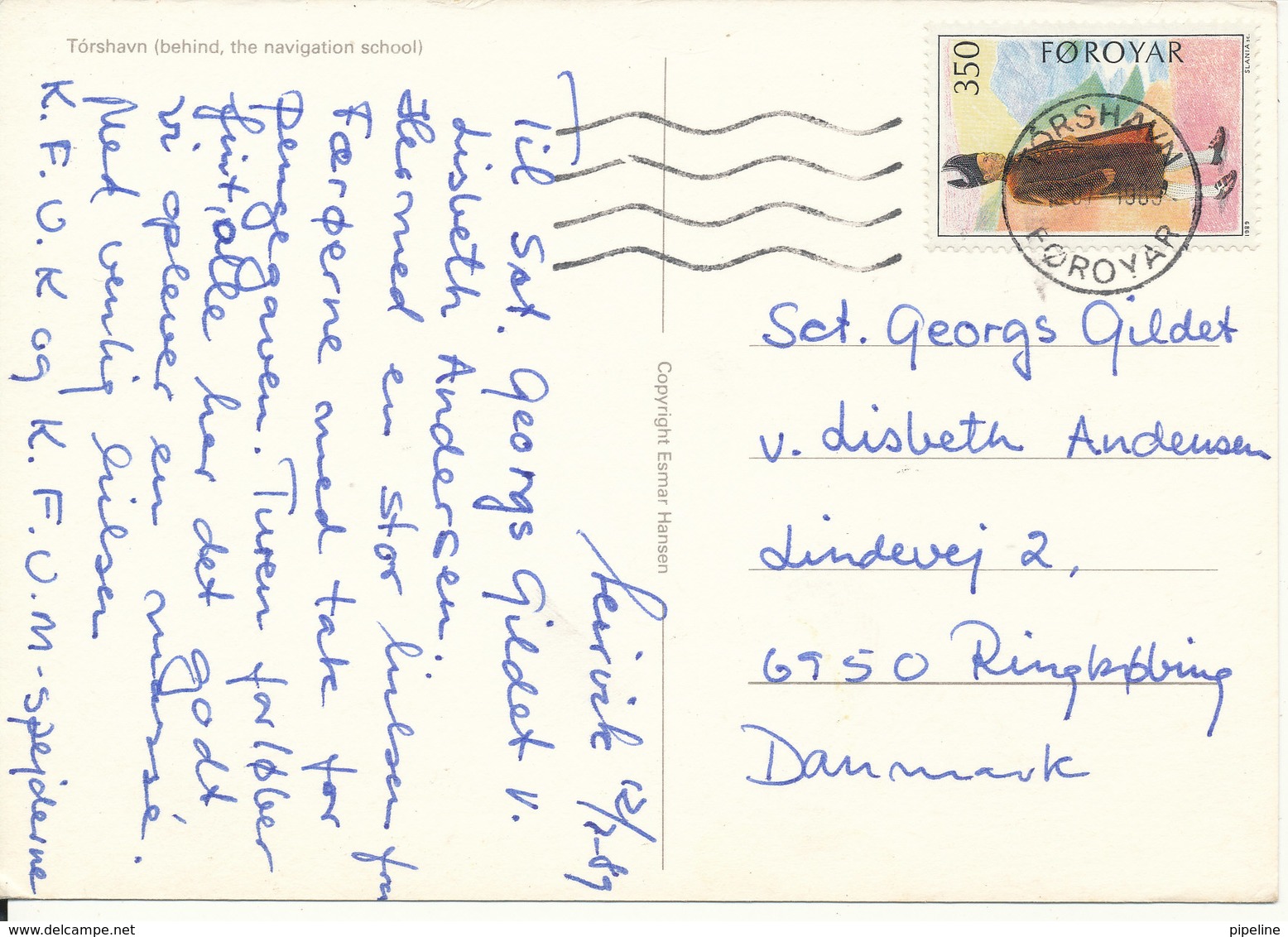 Faroe Islands Postcard Sent To Denmark Torshavn 13-7-1989 (Torshavn Behind The Navigation School) - Féroé (Iles)