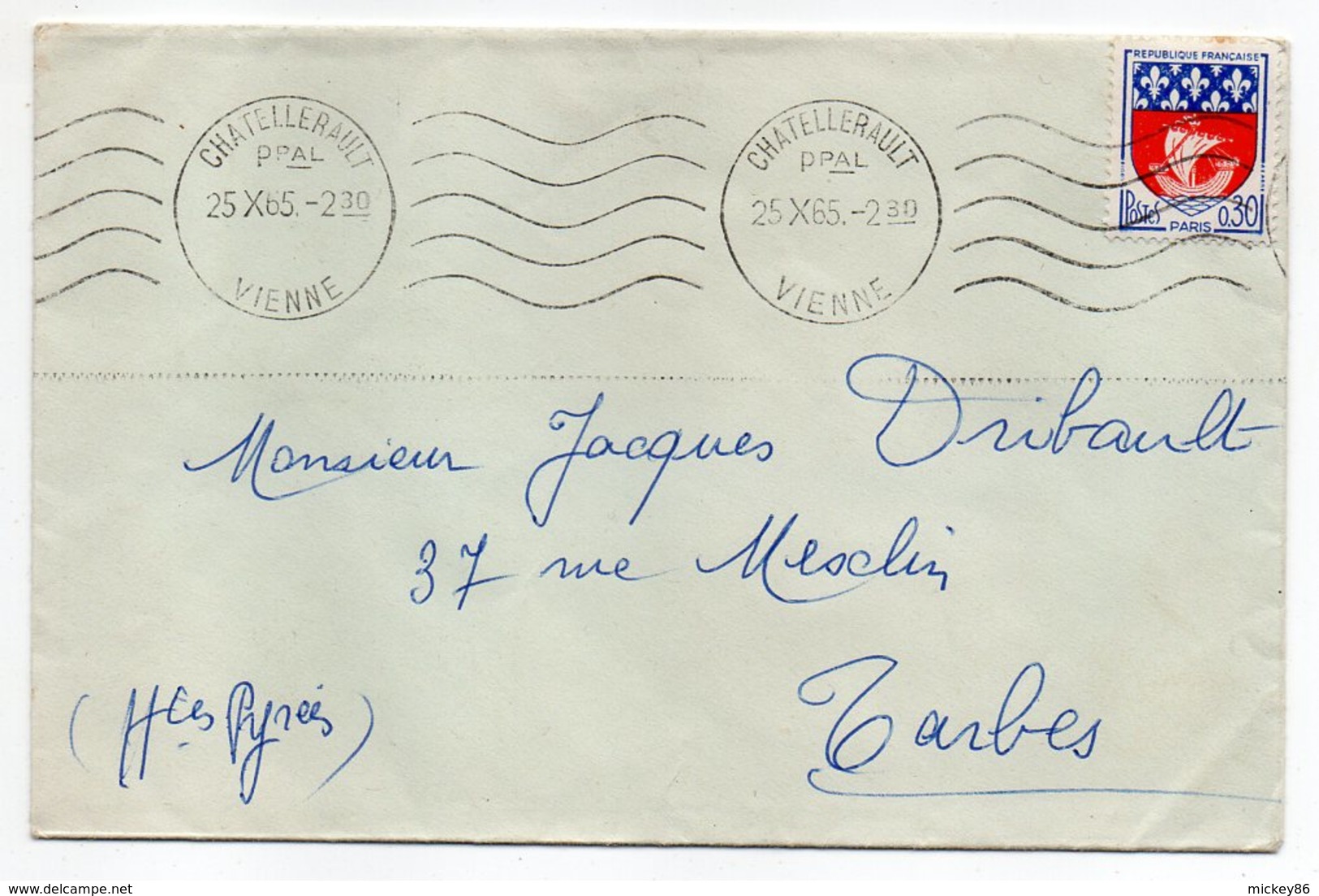 1965--Lettre De CHATELLERAULT-86 Pour TARBES-65--type Blason De Paris--cachet Krag - 1961-....