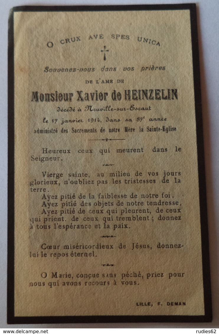 Fresnes Sur Escaut - Neuville Sur Escaut : Image Mortuaire DE HEINZELIN DE BRAUCOURT Xavier (X FLAMENT Célina) - Décès