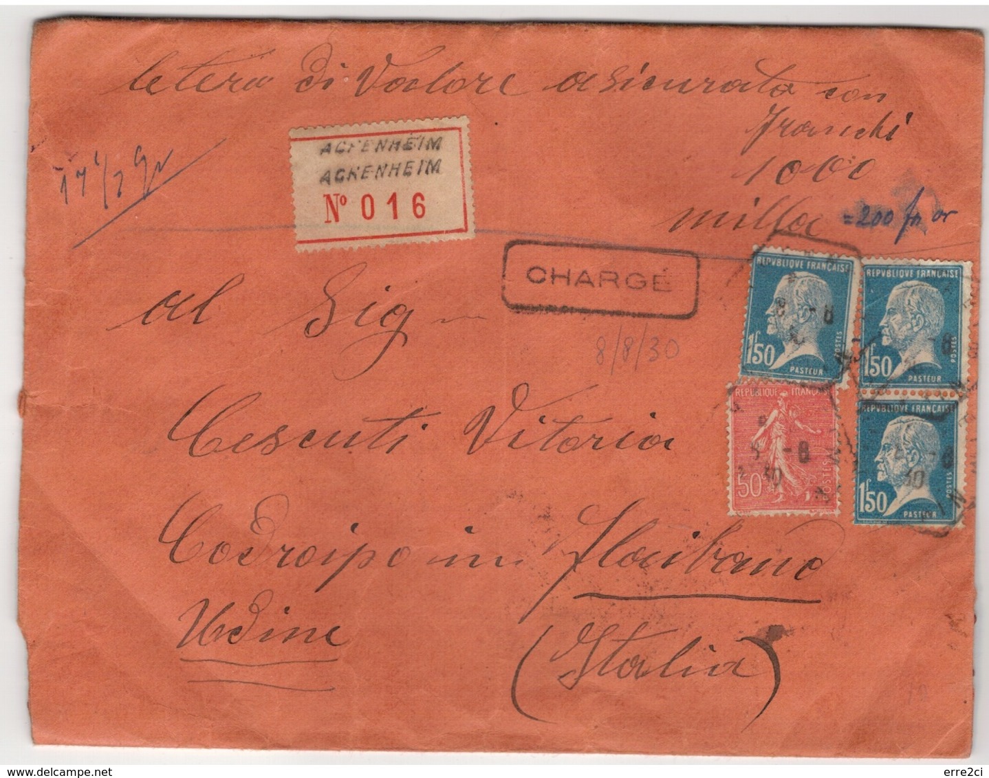 D721 ACKENHEIM LETTRE CHARGE' POUR ITALIE PASTEUR BELLE - Briefe U. Dokumente