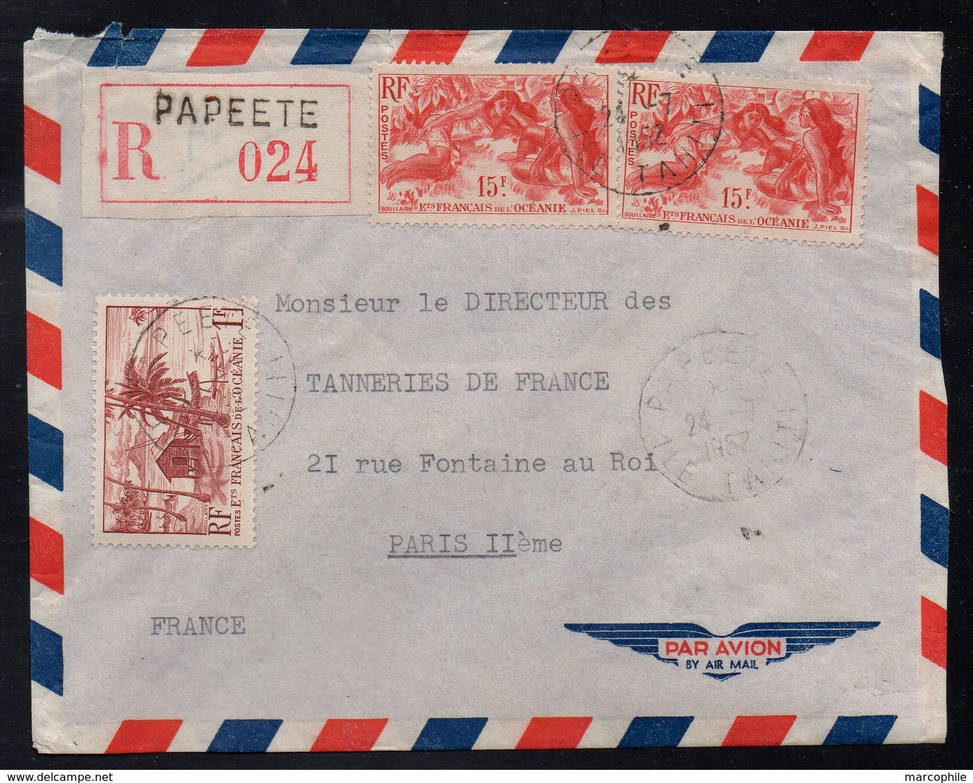 OCEANIE - PAPEETE - TAHITI - POLYNESIE / 1952 LETTRE RECOMMANDEE AVION POUR PARIS (ref 7425) - Covers & Documents