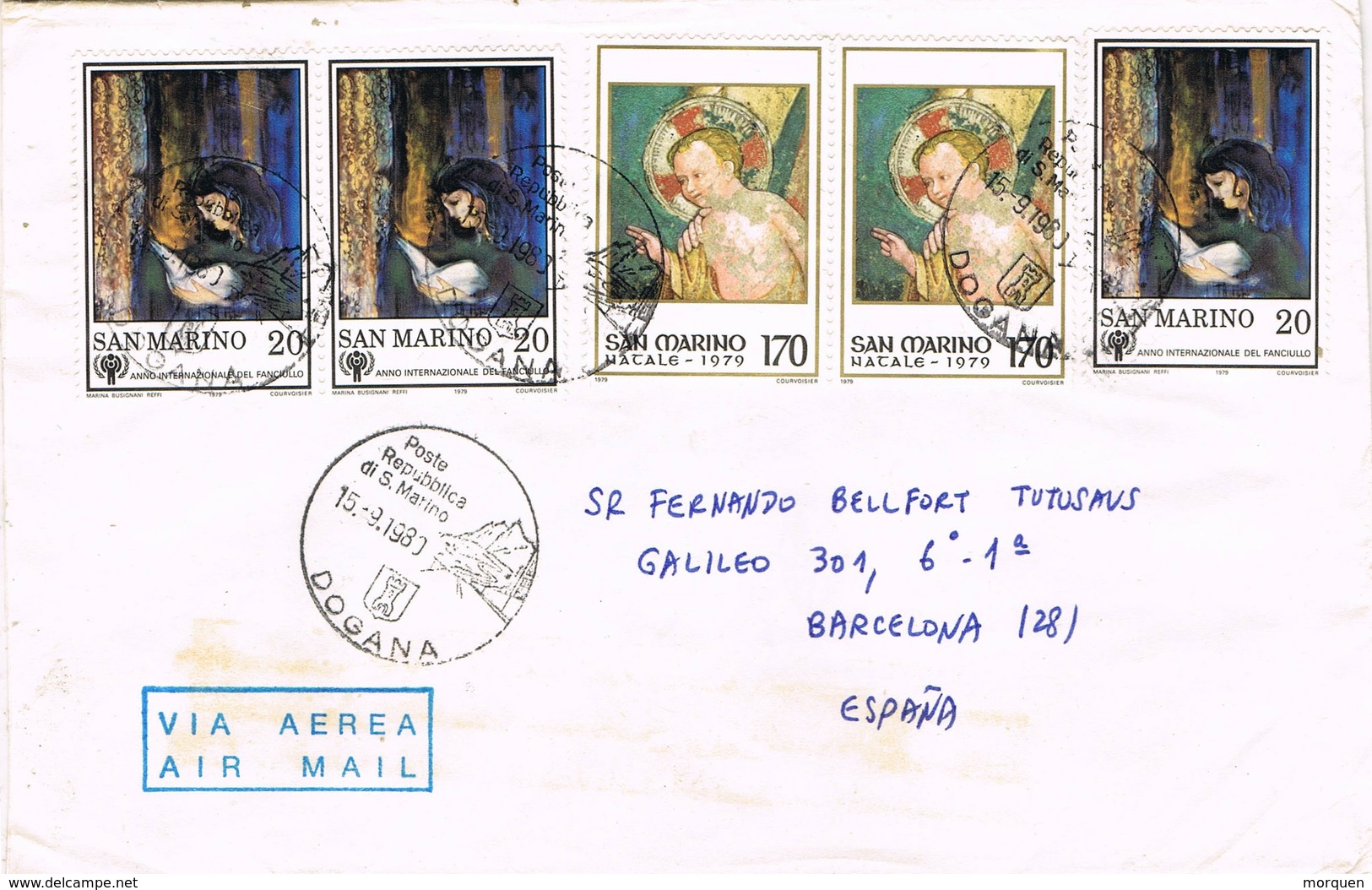 32278. Carta Aerea DOGANA (San Marino) 1980 A Barcelona - Cartas & Documentos