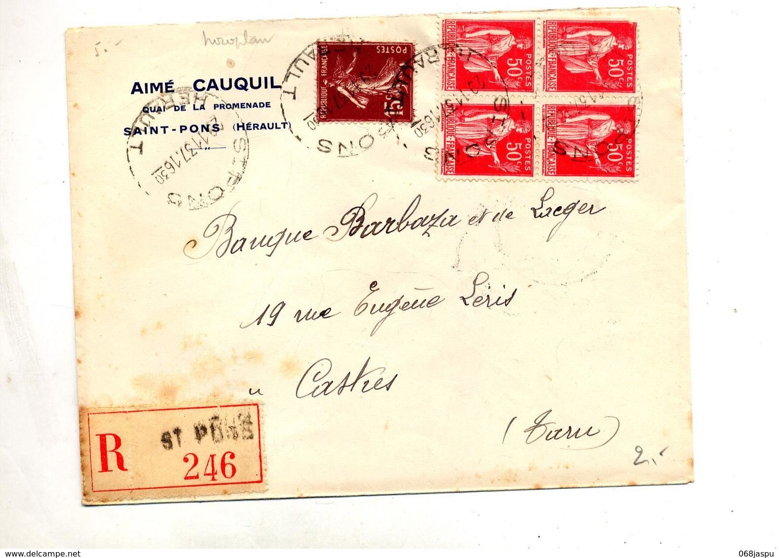 Lettre Recommandee Saint Pons Sur Paix Semeuse - Manual Postmarks