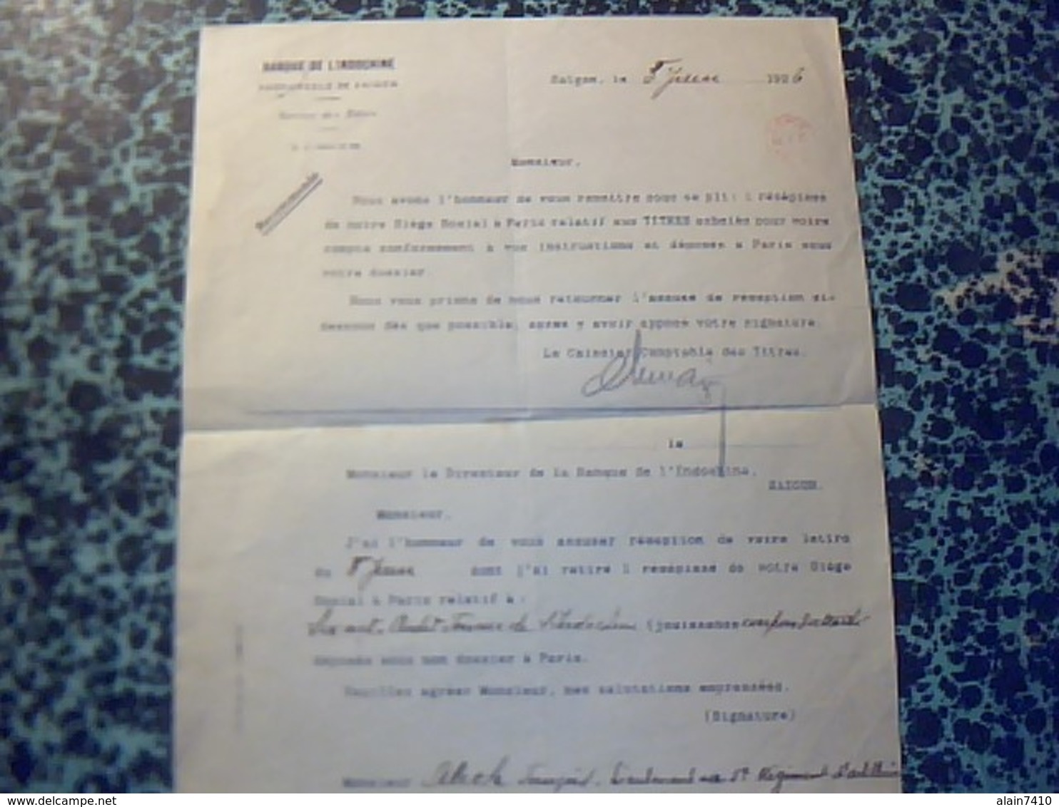 Document A Entète Banque D Indochine Succursale De Saigon Destinèe A 1 Lieutenan Du 5 è RA Cde Saigon 1926 - Autres & Non Classés