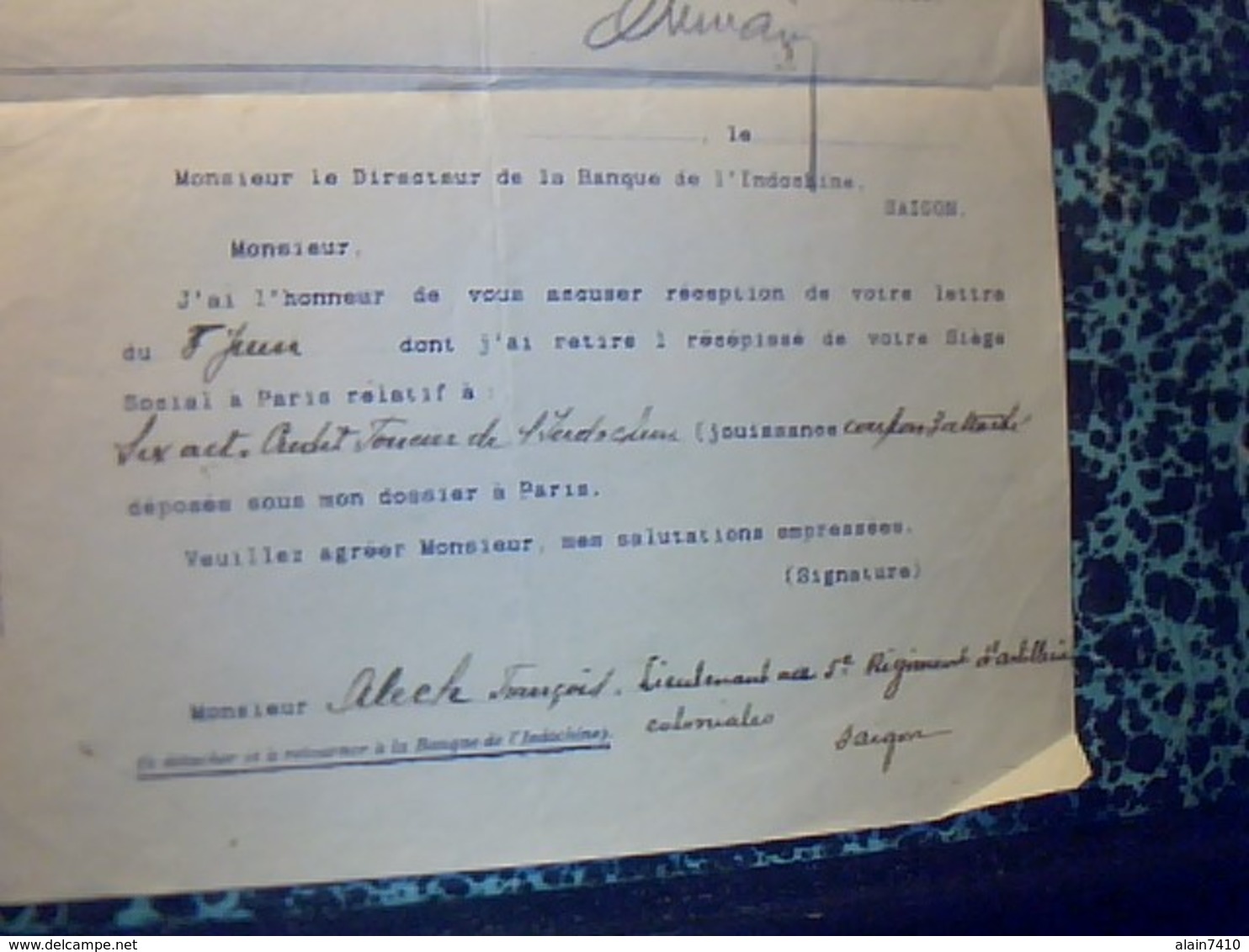 Document A Entète Banque D Indochine Succursale De Saigon Destinèe A 1 Lieutenan Du 5 è RA Cde Saigon 1926 - Altri & Non Classificati