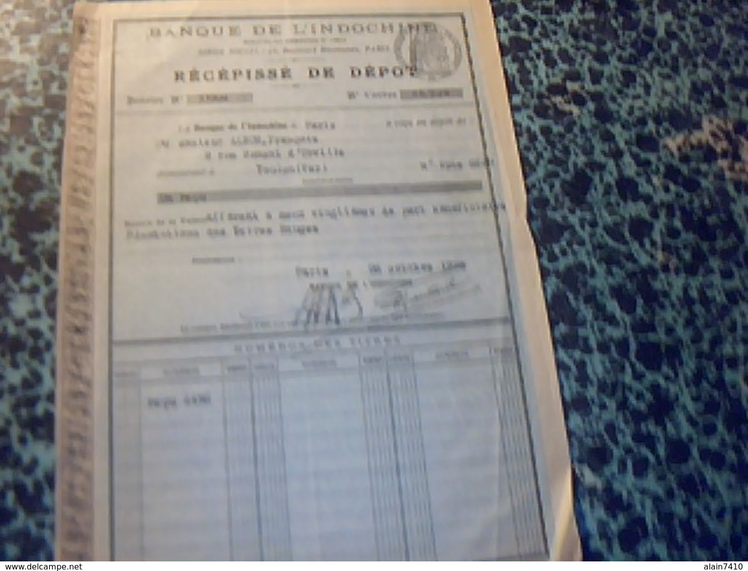 Document A Entète Banque D Indochine Recepissè De Depot A Paris Annèe 1928 - Banque & Assurance