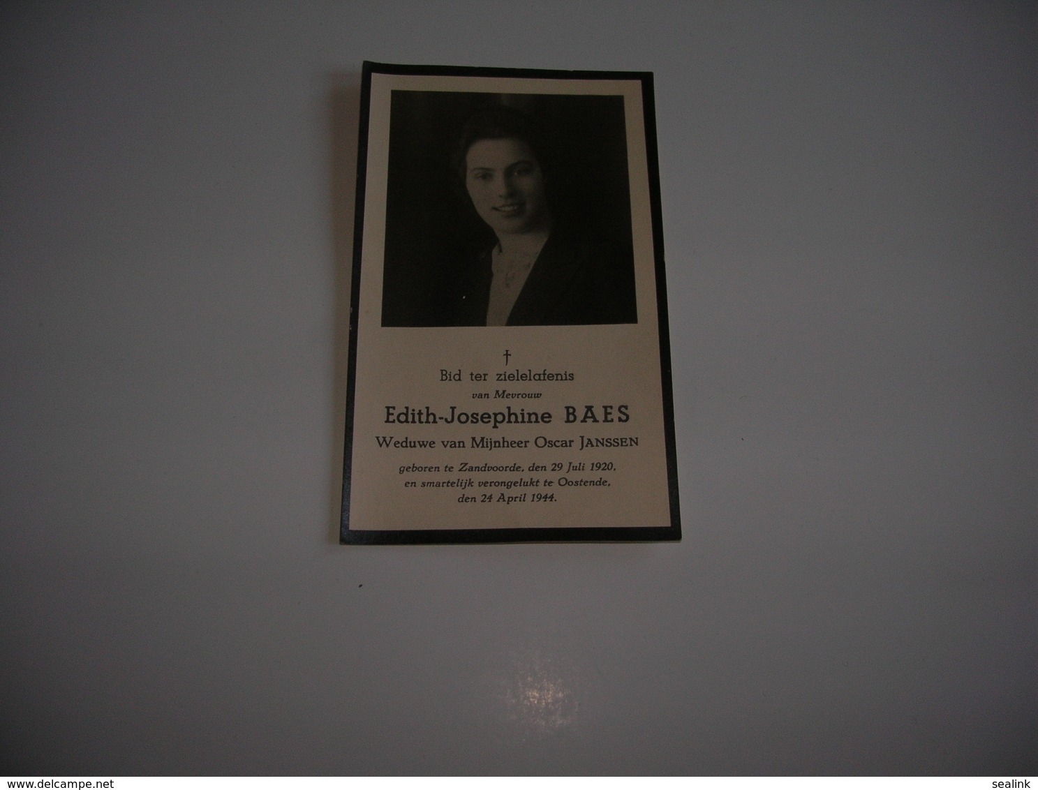 Edith-Josephine Baes (Zandvoorde 1920-Oostende 1944);Janssen - Devotieprenten