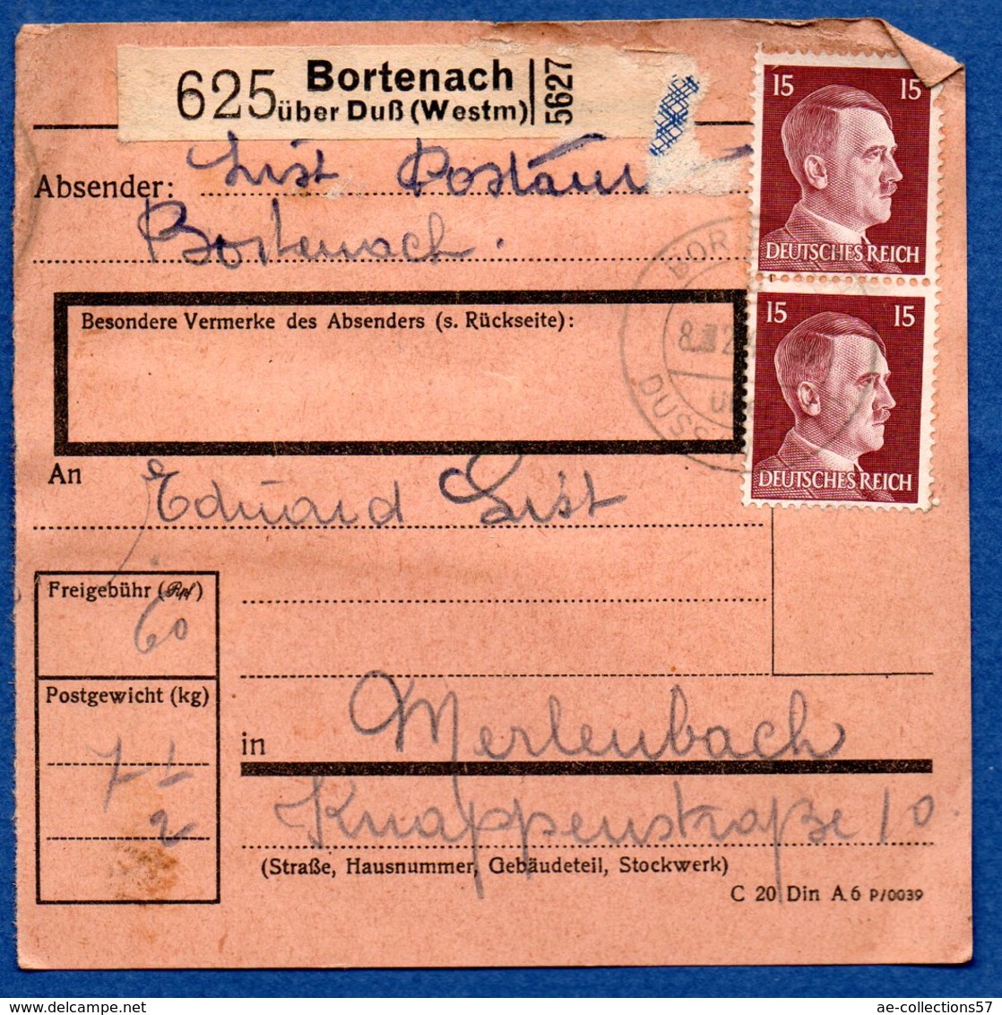 Colis Postal /  Départ Bortenach - Bourdonnay Près Dieuze  / 8-2-43 - Covers & Documents