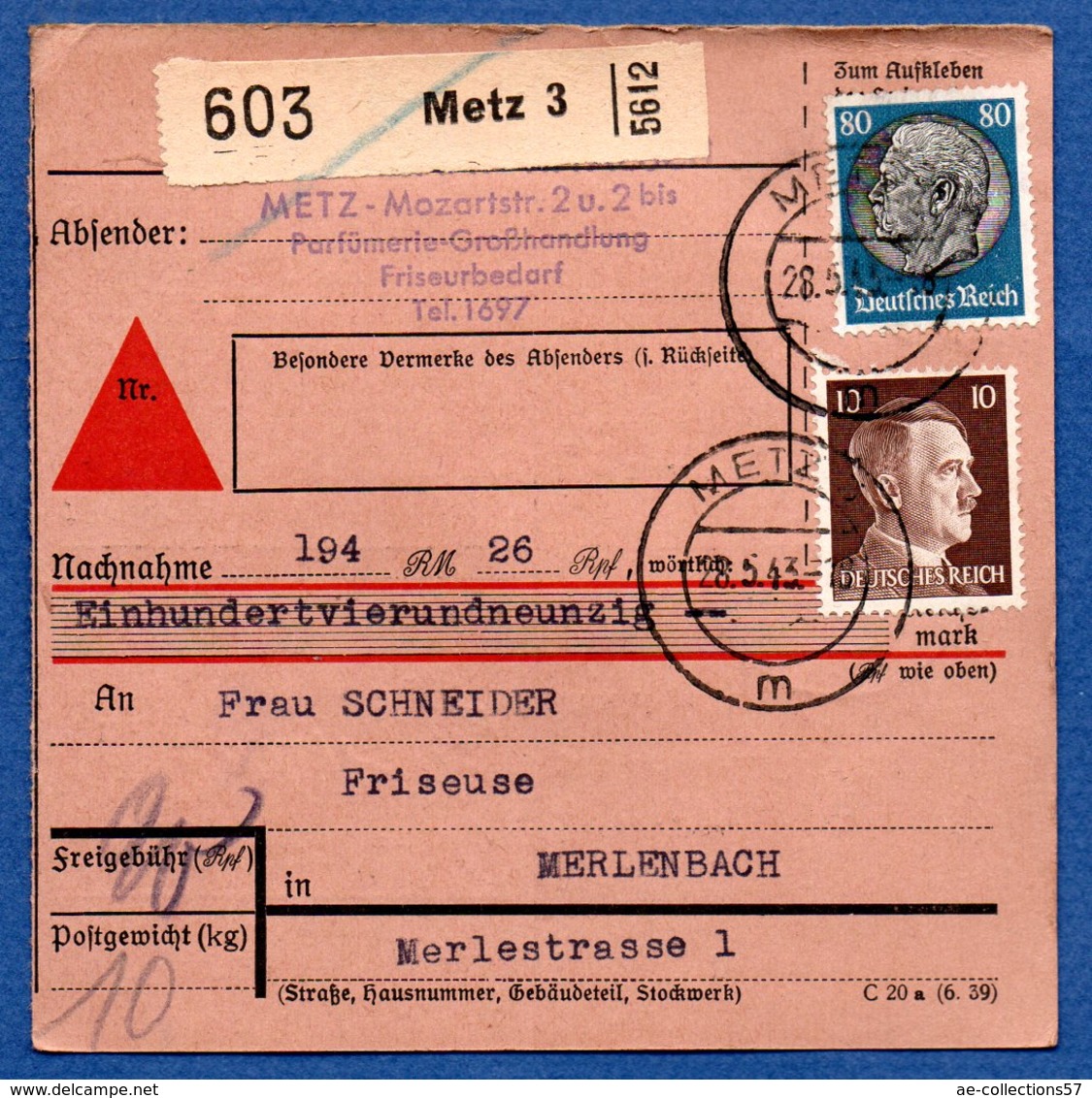 Colis Postal /  Départ Metz / 28-5-43 - Covers & Documents