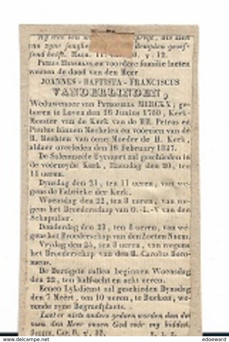 VR6/ DOODSPRENTJE: ° LEUVEN 1760 + MECHELEN 1837  JOANNES VANDERLINDEN - Religion & Esotérisme