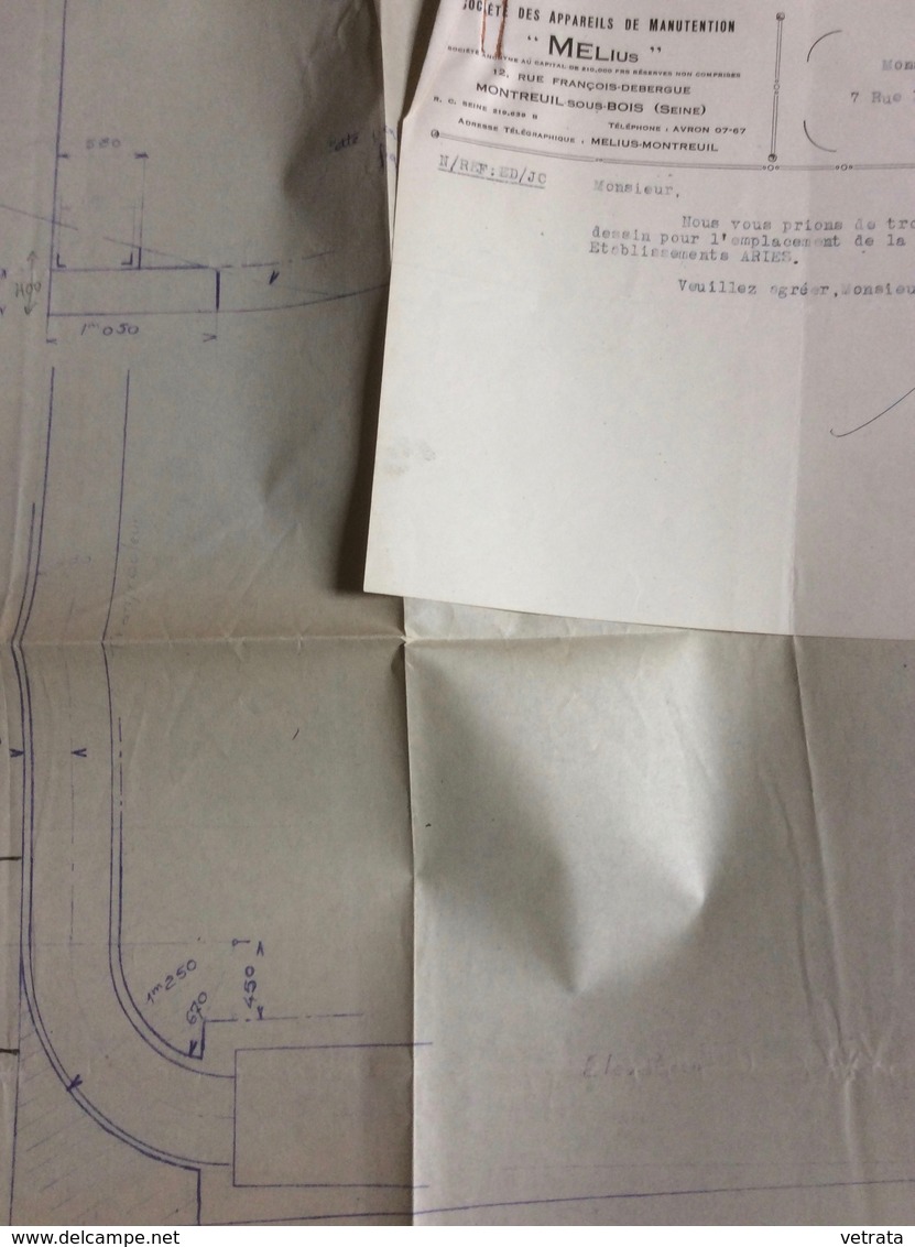 2 Plans D’ Architecte : Courbe Dans Les Sous Sols, 68x64 & 39x37 Cm Avec Lettre De La Société Melius, Montreuil, 1946. - Architettura