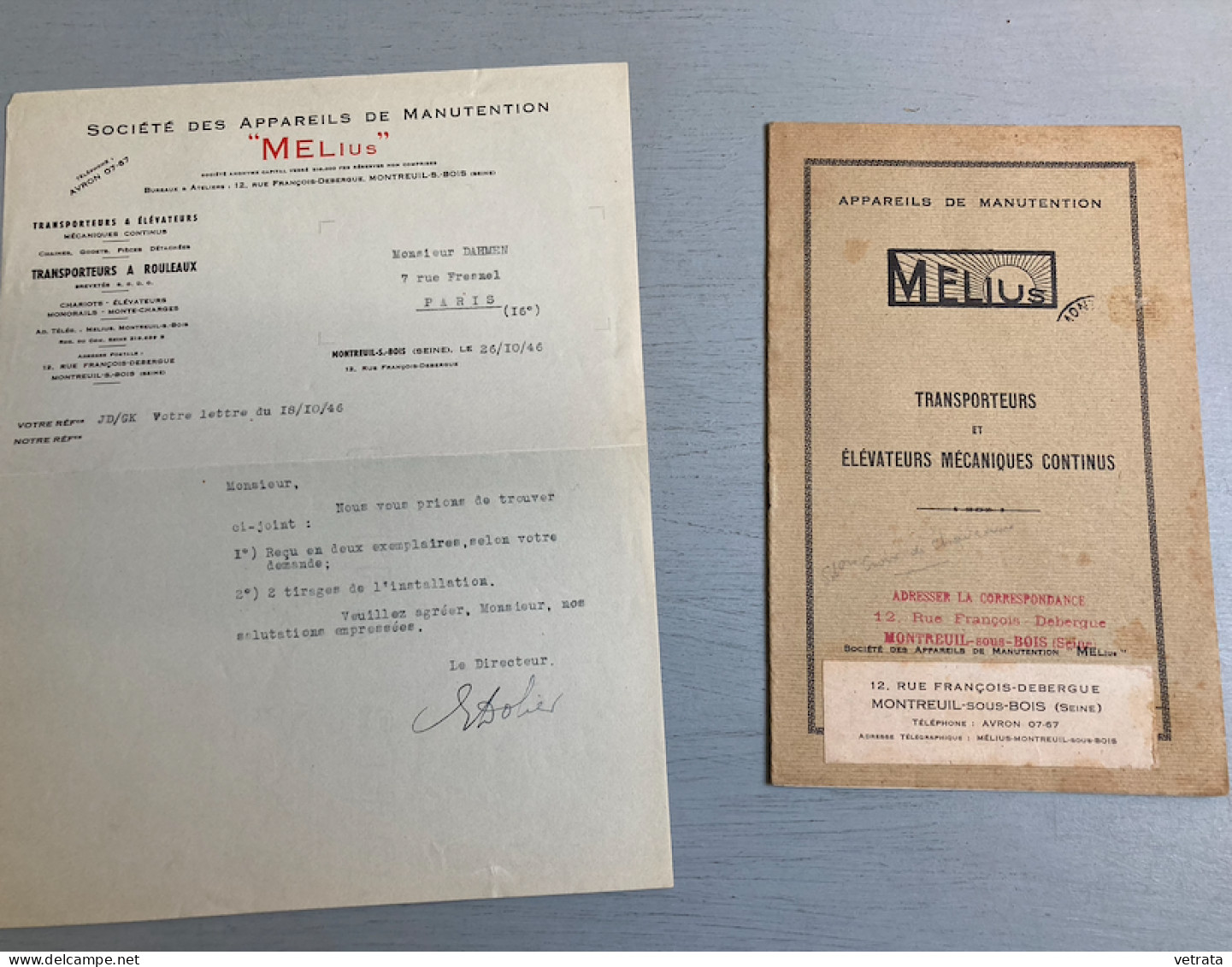 2 Plans D’ Architecte : Courbe Dans Les Sous Sols, 68x64 & 39x37 Cm Avec Lettre De La Société Melius, Montreuil, 1946. - Architecture