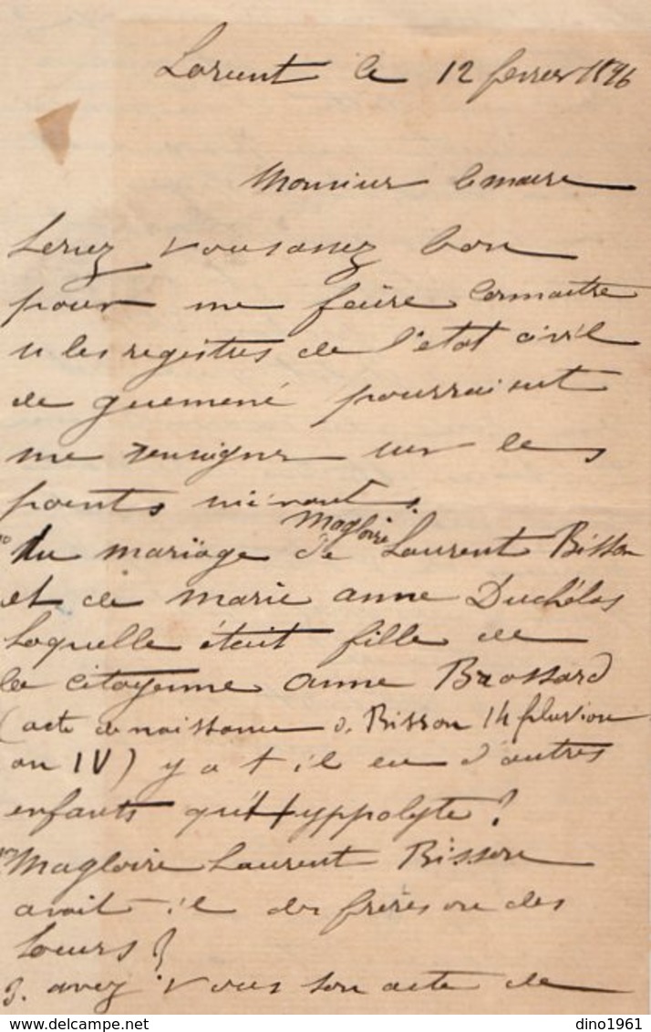 VP14.711 - MILITARIA - LORIENT 1896 - Lettre Mr J. Du CHELAS Capitaine D'Artillerie De Terre à Mr Le Maire De GUEMENE - Documents