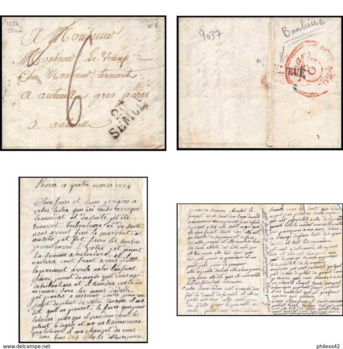 9037 LAC Burre Par 20 Semur Cote D Or Auteuil 1824 Cachet Banlieue Marque Postale Lineaire 25x11 France Lettre Cover - 1801-1848: Precursors XIX