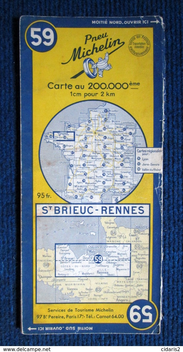 Carte Pneu (Pneumatique) MICHELIN: "ST BRIEUC - RENNES" N°59 Map Bretagne Cote Du Nord D'Armor Ille & Vilaine Pub 1954 ! - Cartes Routières