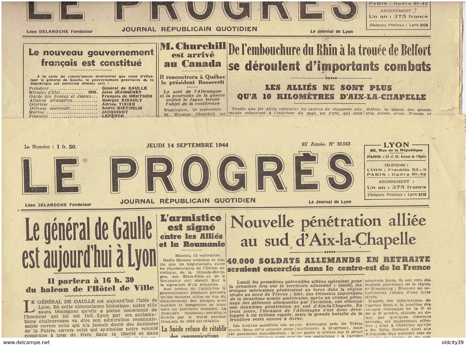 Le PROGRES Du 11 Et Du 14 Septembre 1944 De Gaulle , Charnier De Bron , Aix La Chapelle ( 2 N°) - Autres & Non Classés