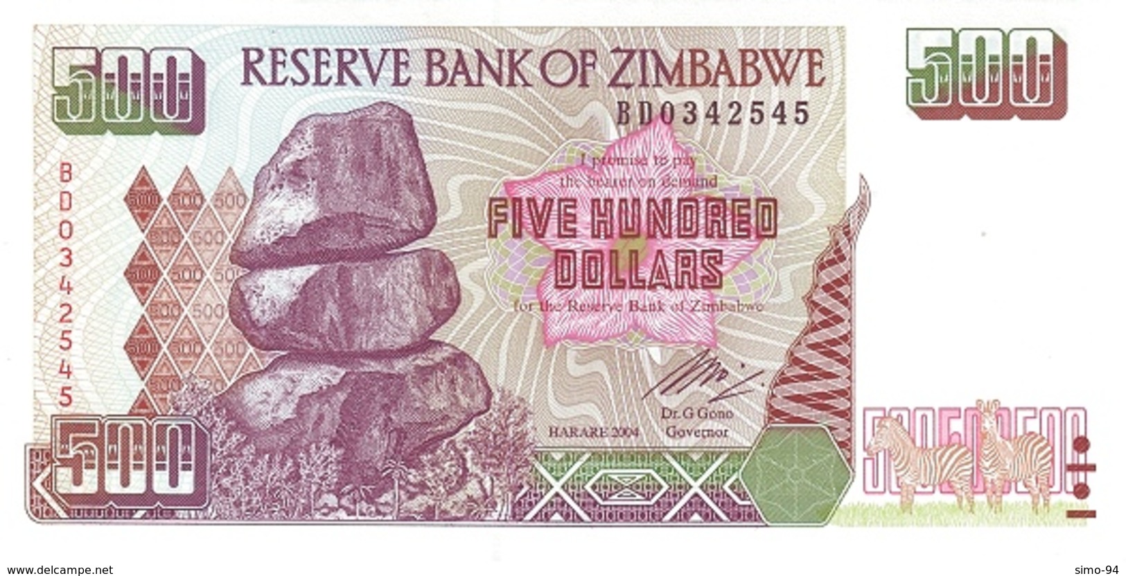 Zimbabwe P.11b 500 Dollars 2004   Unc - Zimbabwe