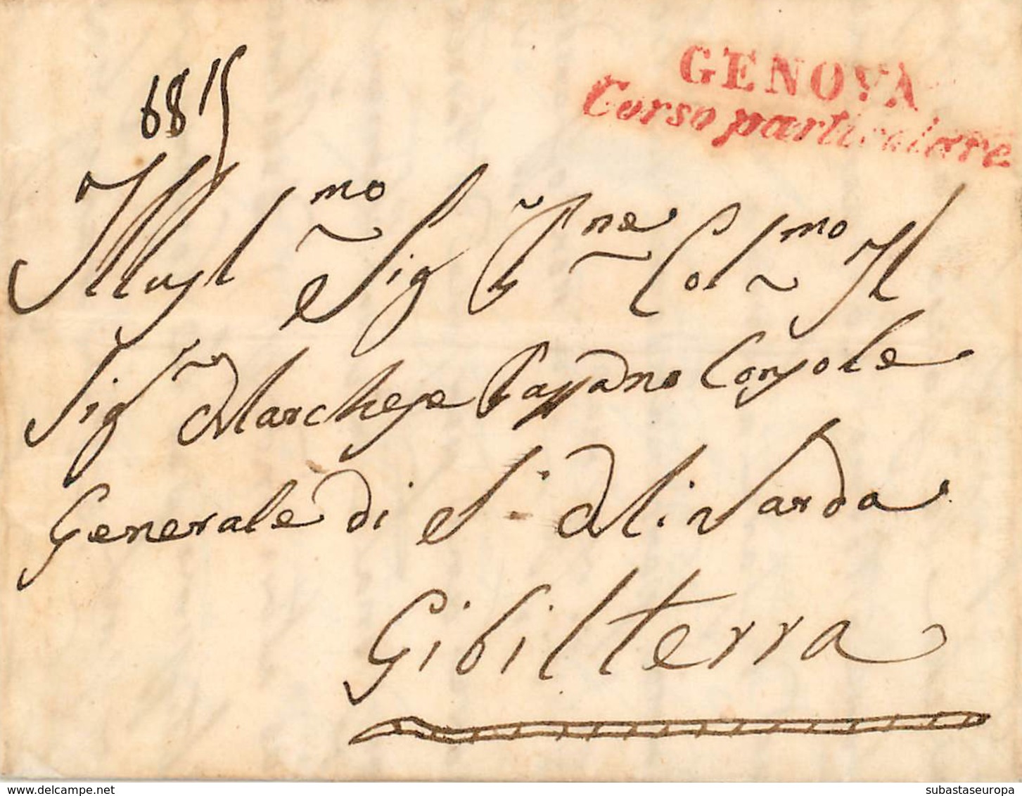 ITALIA. Cover To Gibraltar, Year 1845. Mark "GENOVA Corso Paricolare" In Red. Postal History. - 1. ...-1850 Prefilatelia