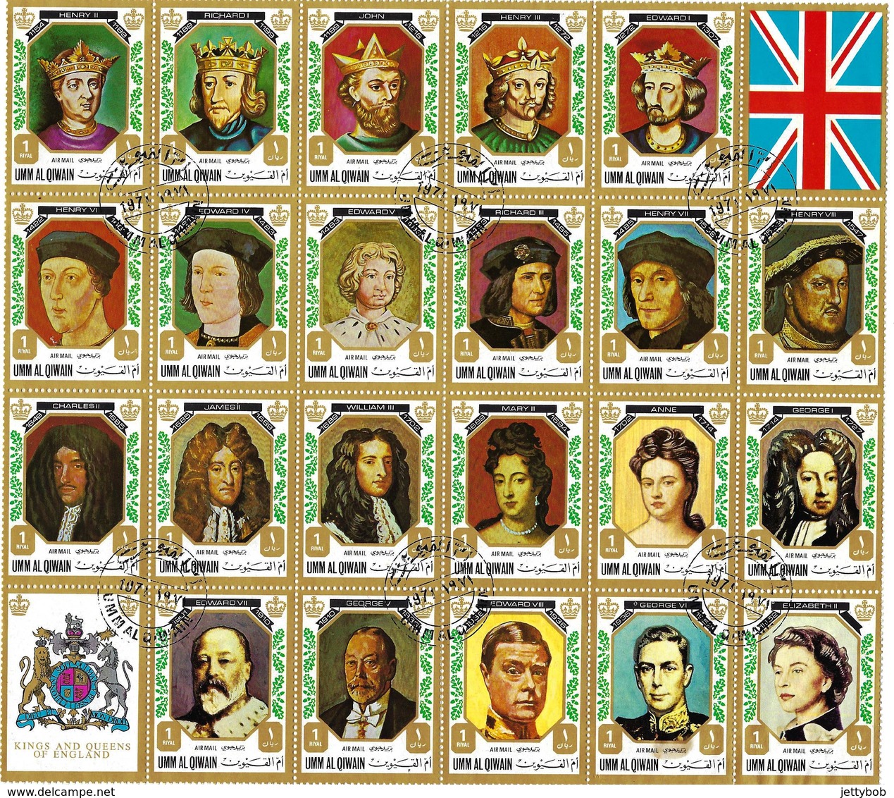 UMM AL QIWAIN 1972 British Monarchs 1066-1972 Complete Sheet Of 41 Stamps + 3 Labels Cto - Umm Al-Qiwain