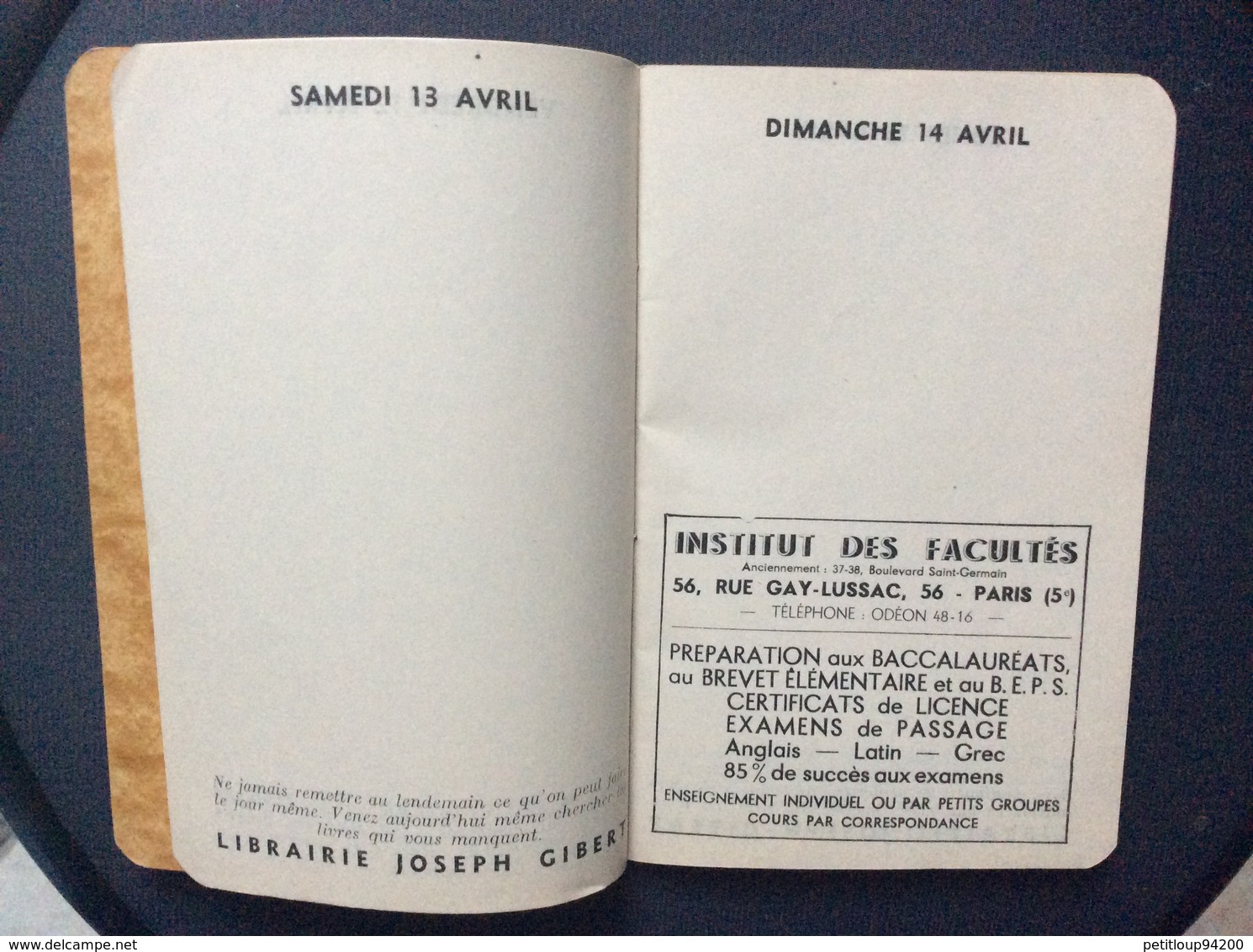 AGENDA SCOLAIRE Et De L’ETUDIANT Année Scolaire 1939-40  3è Trimestre  LIBRAIRIE JOSEPH GIBERT - 18 Ans Et Plus