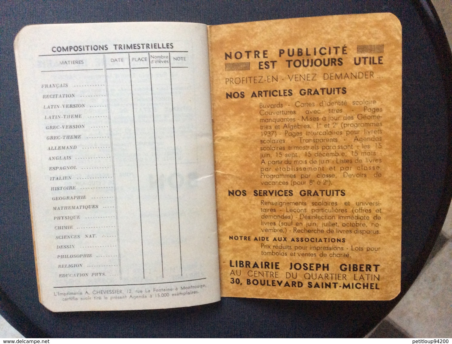 AGENDA SCOLAIRE et de L’ETUDIANT Année Scolaire 1939-40  3è Trimestre  LIBRAIRIE JOSEPH GIBERT