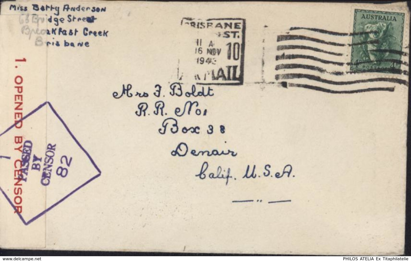 World War II YT 114 Koala 4ct Vert CAD Brisbane Air Mail 16 Nov 1943 Censure Opened By Censor + Passed By Censor - Storia Postale