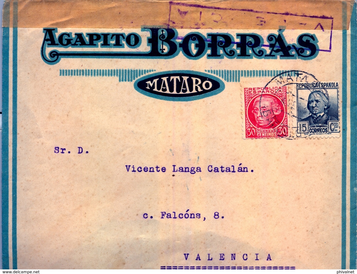1937 , BARCELONA , SOBRE COMERCIAL CIRCULADO ENTRE MATARÓ Y VALENCIA , BANDA Y MARCA DE CENSURA DE VALENCIA - Cartas & Documentos