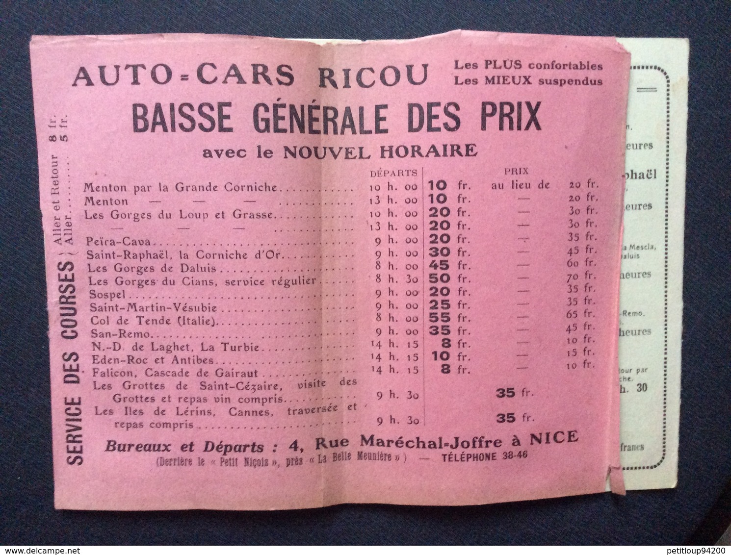 DÉPLIANT TRANSPORT  AUTO-CARS RICOU *Horaires *Excursions  COTE D’AZUR  Nice - Autres & Non Classés