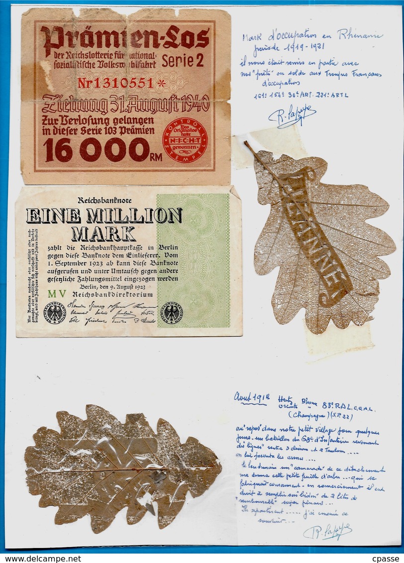 MILITARIA Souvenir Champagne Et Rhénanie Feuilles D'arbres "Jeanne" "Canon" Travail De Poilu Première Guerre Mondiale - Documents Historiques