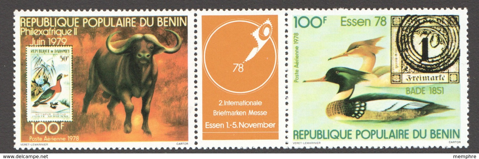 BENIN Philexafrique II 1979 Bande De 2 Timbres Et 1 Vignette  Canard, Buffle, Timbres Sur Timbres  ** - Bénin – Dahomey (1960-...)