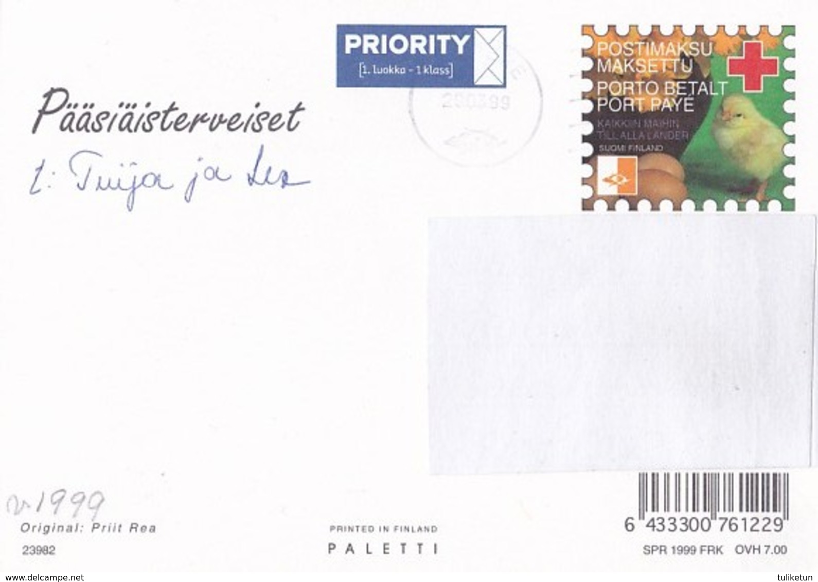 Postal Stationery - Easter Willows - Chicks With Broken Eggs - Red Cross 1999 - Suomi Finland - Postage Paid - Postwaardestukken