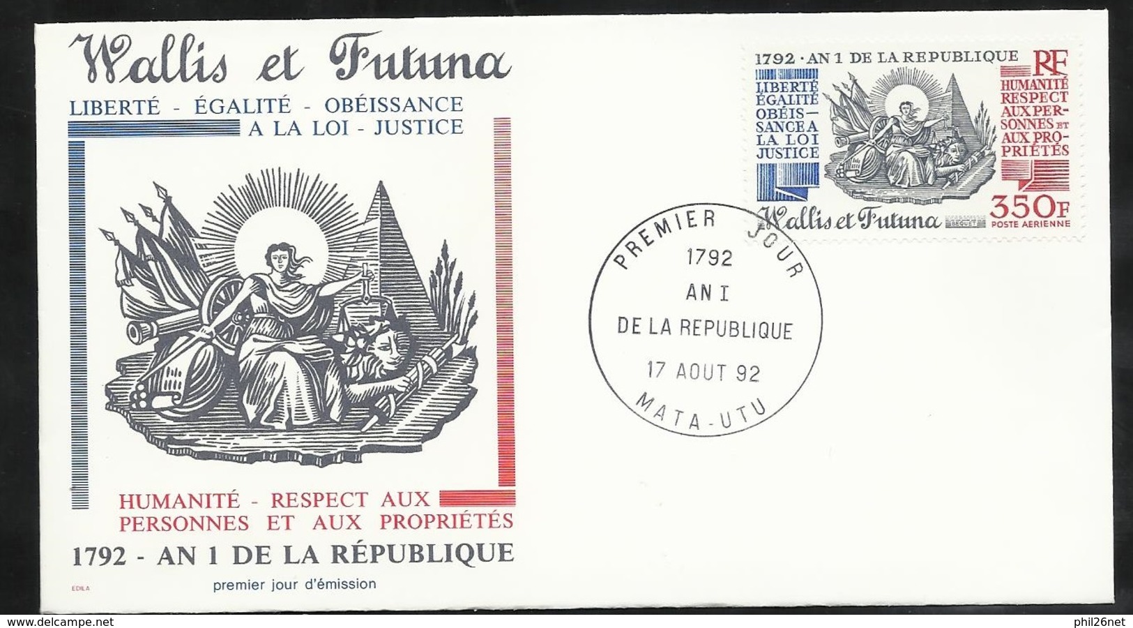 W. Et F. Lettre Illustrée Premier Jour Mata-Utu Le 17/08/1992 P.A. N° 175  An I  République Liberté-Egalité-...... TB - Revolución Francesa