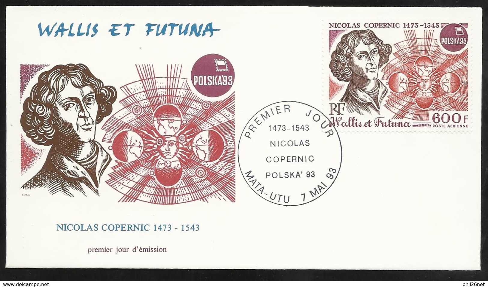 W. Et F. Lettre Illustrée Premier Jour Mata-Utu Le 07/05/1993 P.A. N° 177 Nicolas Copernic 1473-1543 Expo Polska'93  TB - Astronomia