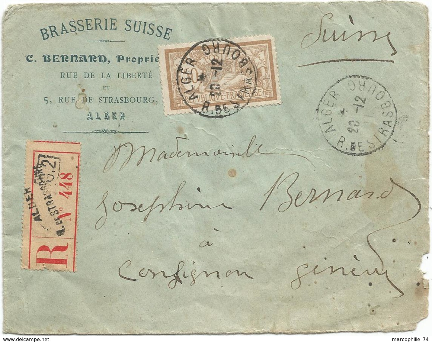 MERSON 50C LETTRE REC ENTETE BRASSERIE SUISSE (tachée)  ALGER 1911 POUR SUISSE - 1900-27 Merson