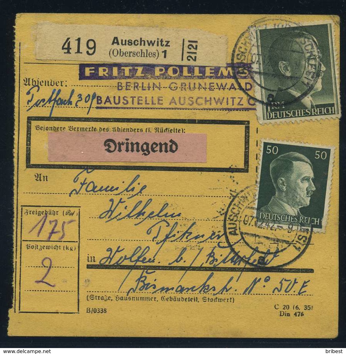 Paketkarte 1942 AUSCHWITZ (Schl.) Siehe Beschreibung (114783) - Sonstige & Ohne Zuordnung