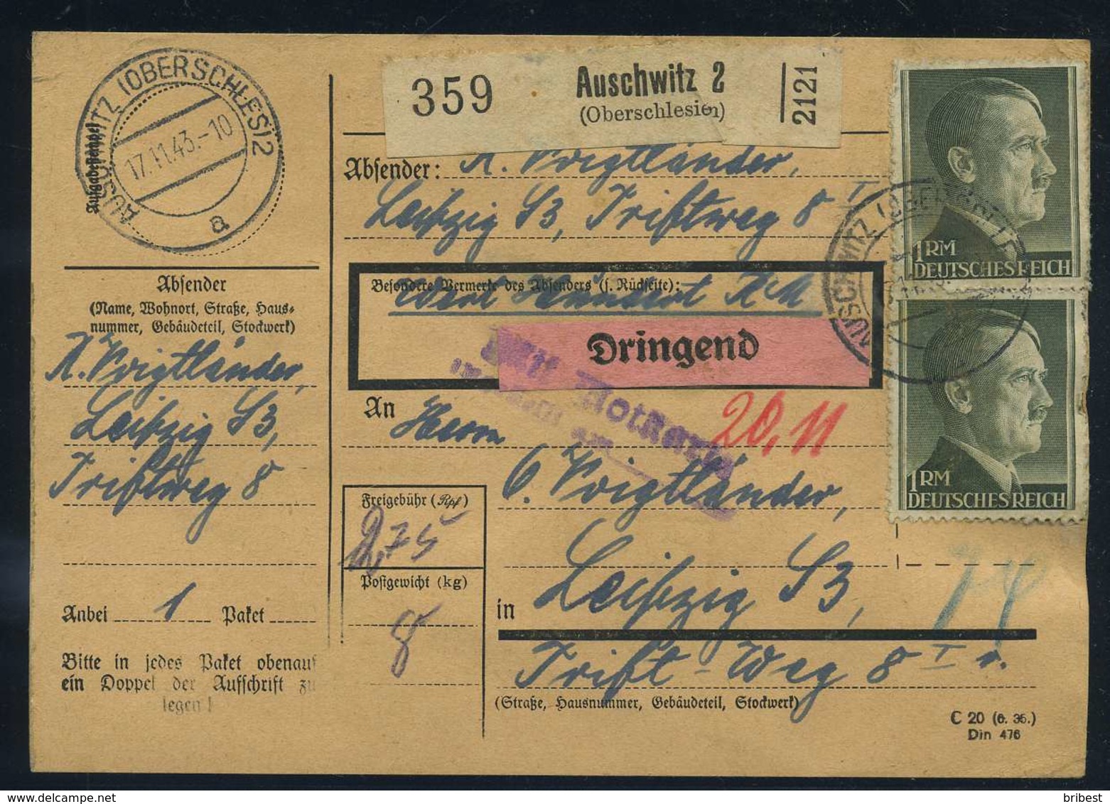 Paketkarte 1943 AUSCHWITZ (Schl.) Siehe Beschreibung (114785) - Sonstige & Ohne Zuordnung