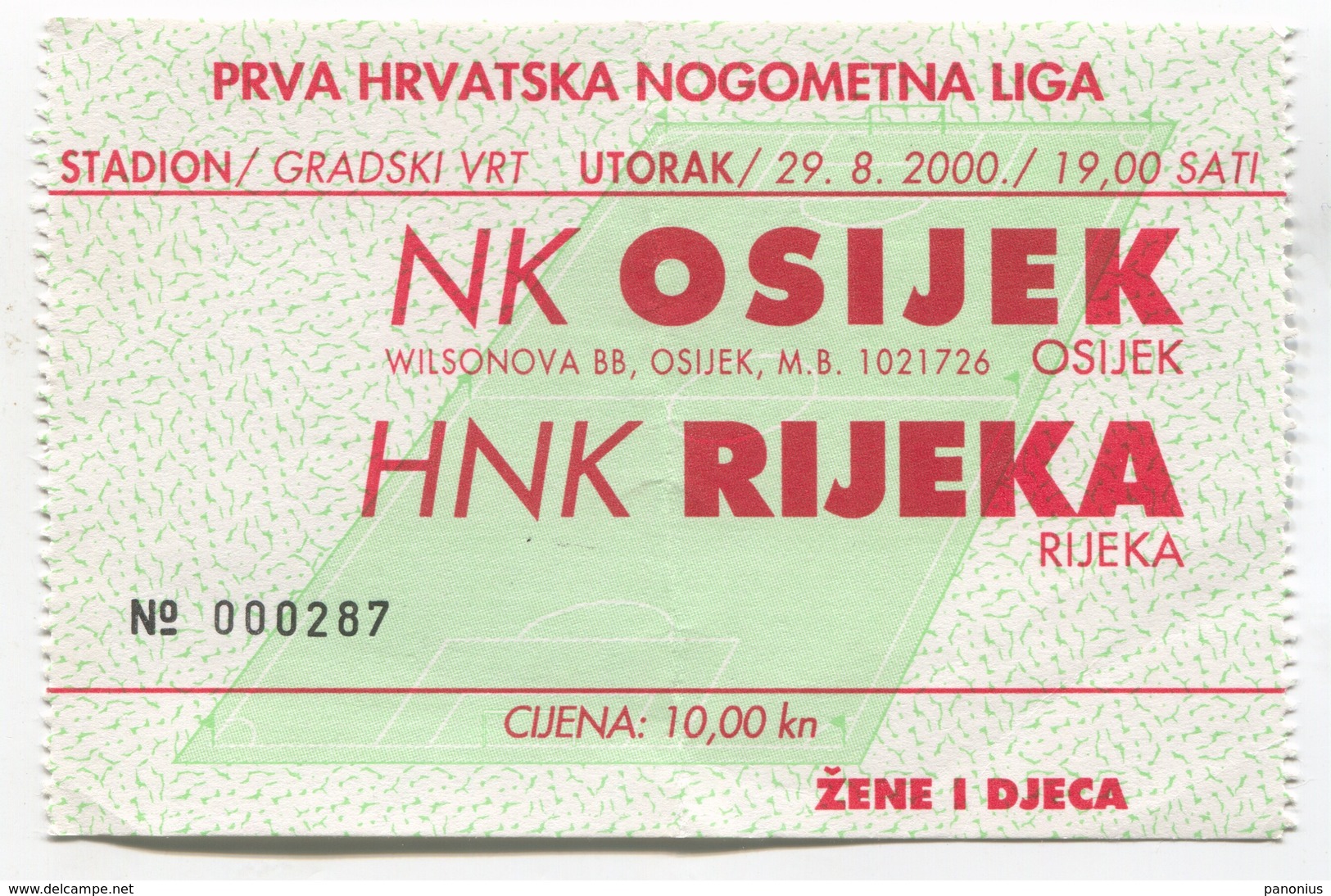 Football Soccer Futbol - NK OSIJEK Vs HNK RIJEKA, Croatia, Match Ticket - Tickets D'entrée