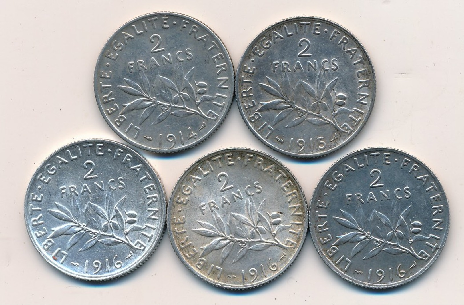 I105-2 - Monnaie 2 Francs Argent - Lot De 5 Pièces - 1914 - 1915 - 3 X 1916 - Autres & Non Classés